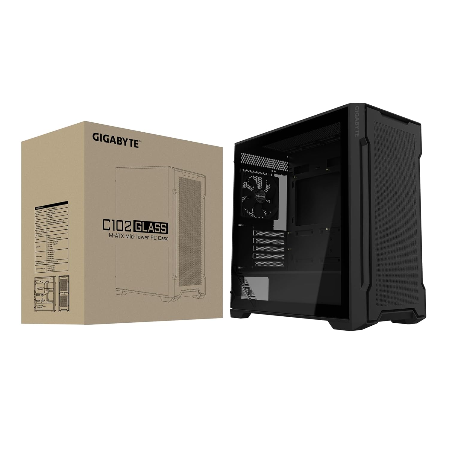 GIGABYTE C102 ग्लास - ब्लैक मिड टॉवर पीसी गेमिंग केस, टेम्पर्ड ग्लास, PSU कफन, 2X 120mm प्रशंसक (GB-C102G)