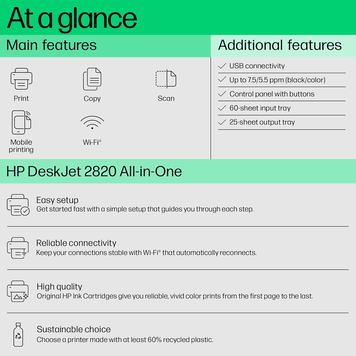 HP Deskjet 2820 WiFi Colour Printer - Print/Scan/Copy Ideal for Home, White - Zapnet.in