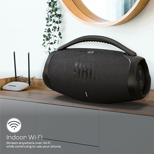 JBL Boombox 3 Wi-Fi, Wireless Portable Bluetooth Speaker, 24H Playtime, Deepest Bass, Built-in Powerbank, Wi-Fi with AirPlay, Alexa Multi-Room, Chromecast Built-in™, PartyBoost, IP67, App (Black) - Zapnet.in