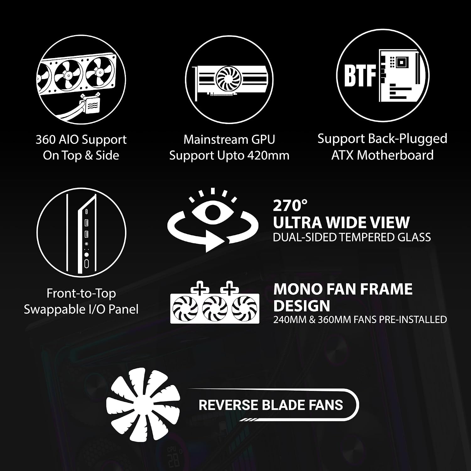 Ant Esports Crystal X8 Arc Mid Tower Gaming Cabinet | Panoramic 270° Tempered Glass, Supports BTF Back-Connect ATX Motherboards, Pre-Installed 8X 120mm ARGB Fans, 360mm AIO Support | Black