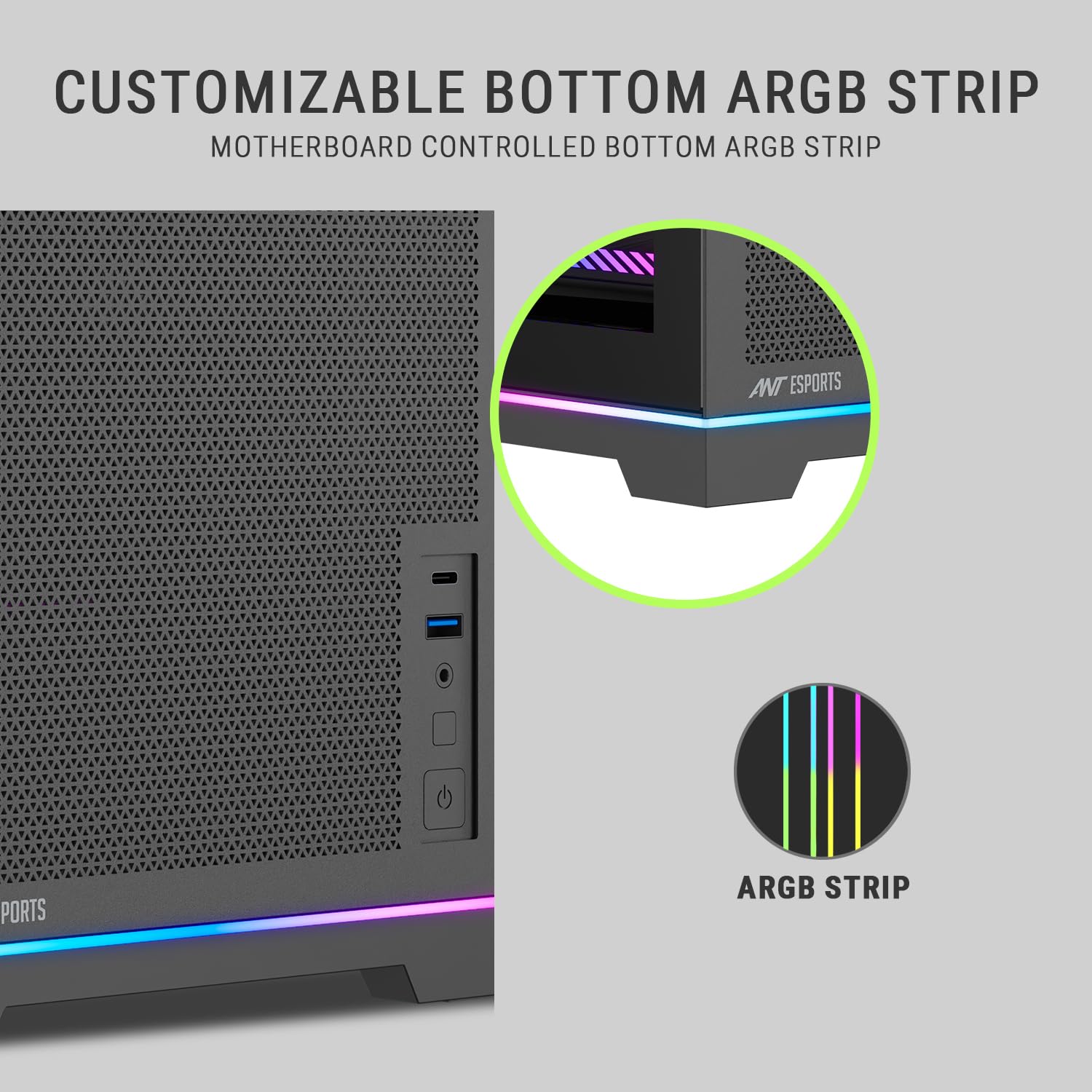 Ant Esports Box C Air V2 Mini-Tower Gaming Cabinet - Black | ARGB Front Strip | Supports Micro-ATX, Mini-ITX Motherboards | Pre-Installed 120mm Rear Fan | High Airflow Mesh Design