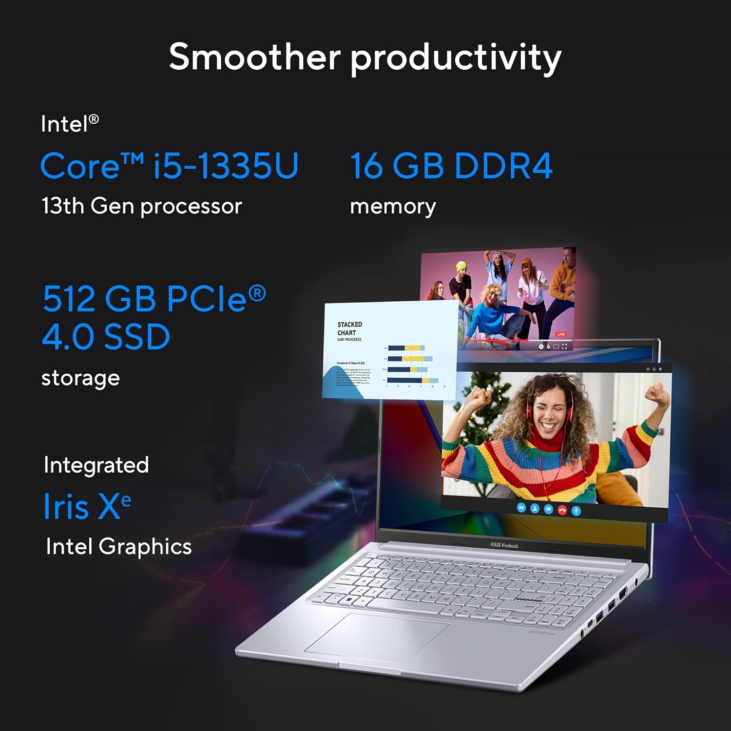 ASUS Vivobook 15X OLED,2.8K (2880 x 1620) 16:9,Intel Core i5-1335U Processor 1.3 GHz,Thin & Light Laptop (16GB RAM/512GB SSD/Windows 11/Office Home/50Whr Battery/Cool Silver/1.60 kg),K3504VAD-MA542WS