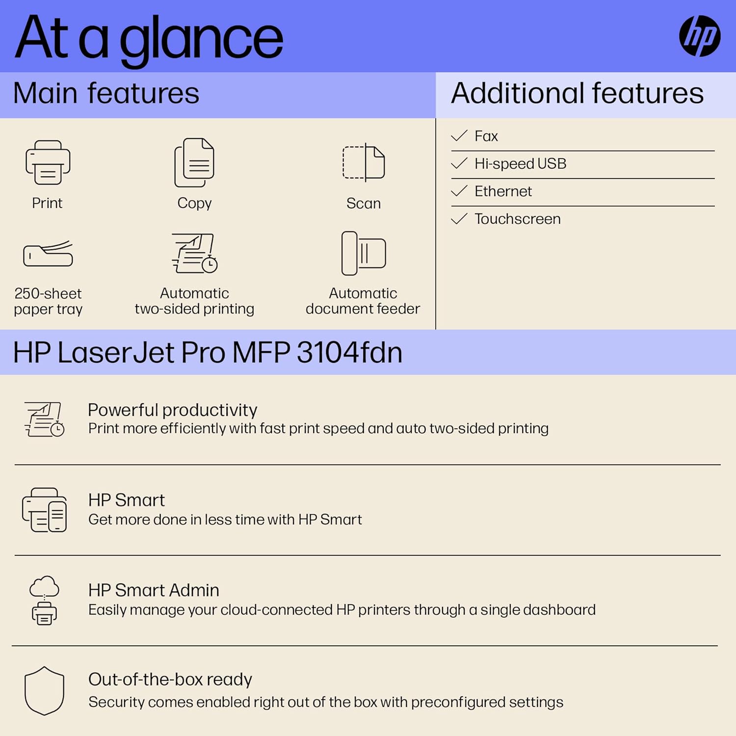 HP Laserjet 3104fdn Duplex Printer: Print, Copy, Scan, High Speed USB, Ethernet, Fast Printing Upto 33ppm, Easy and Secure Setup