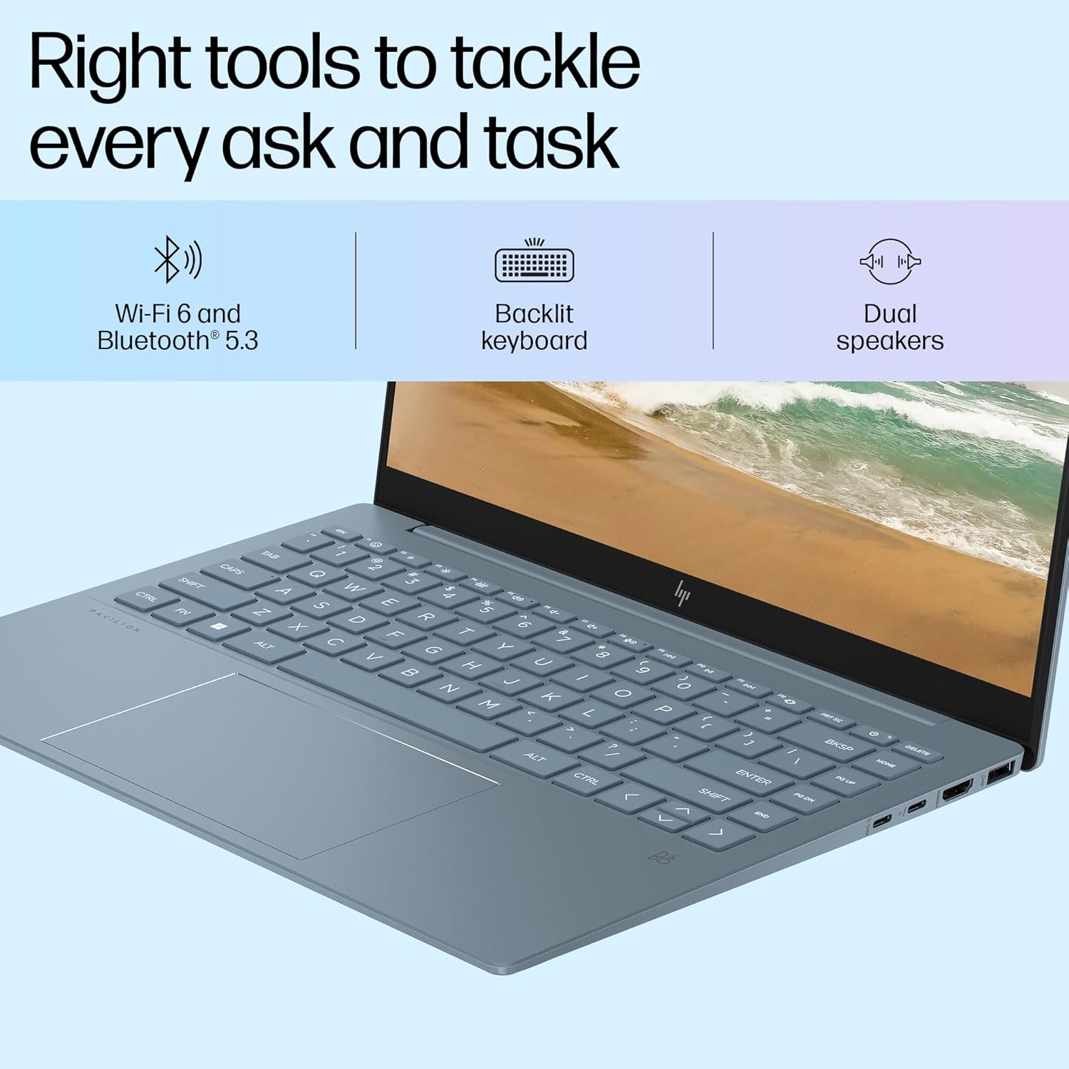 HP Pavilion Plus, 13th Gen Intel Core i5-1335U, 16GB LPDDR5x, 512GB SSD, (Win 11, Office 21, Blue, 1.38kg), Anti-Glare, 14-inch (35.6cm), WUXGA Laptop, Intel Iris Xe Graphics, 5MP IR Camera, ew0115TU