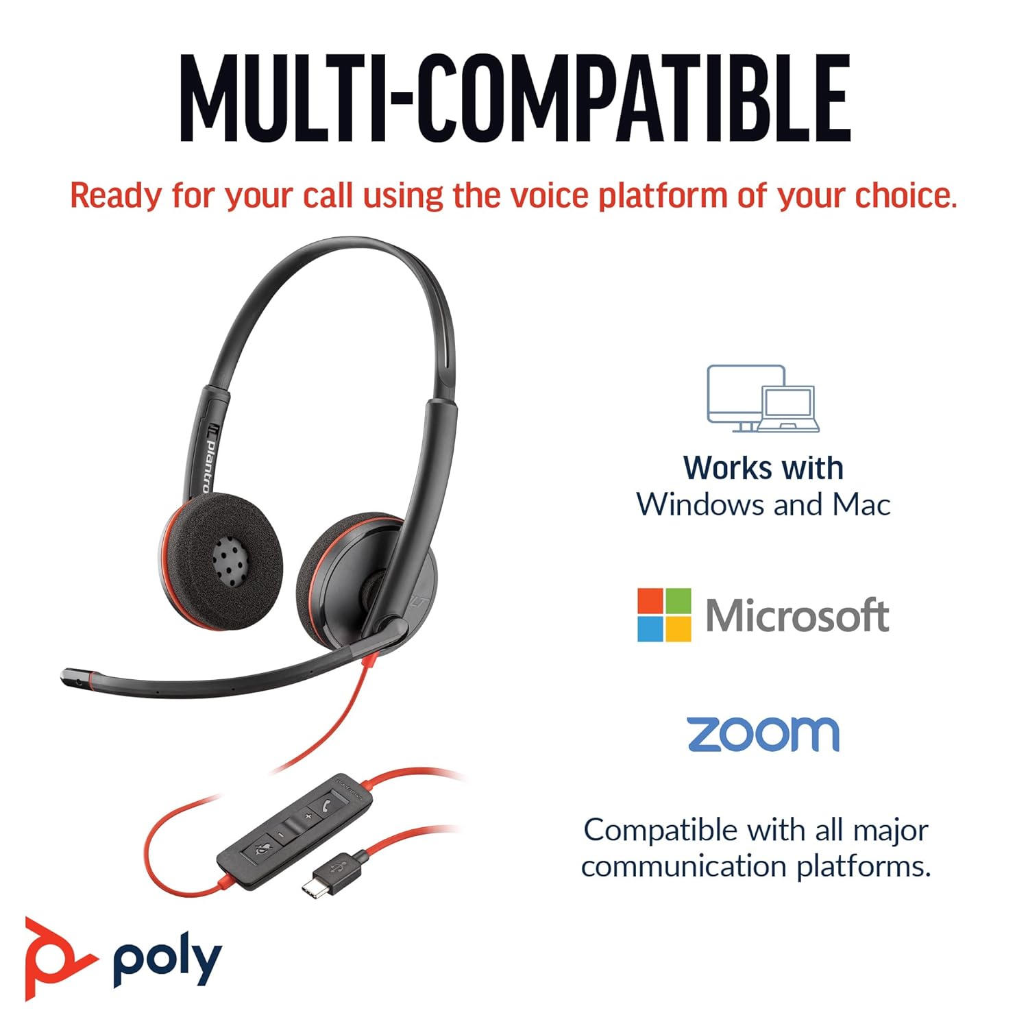 Poly Blackwire 3220 Wired Headset (Plantronics) - Noise-Canceling Mic – Stereo Design - Connect to PC/Mac via USB-C or USB-A - Works w/Teams, Zoom - Amazon Exclusive
