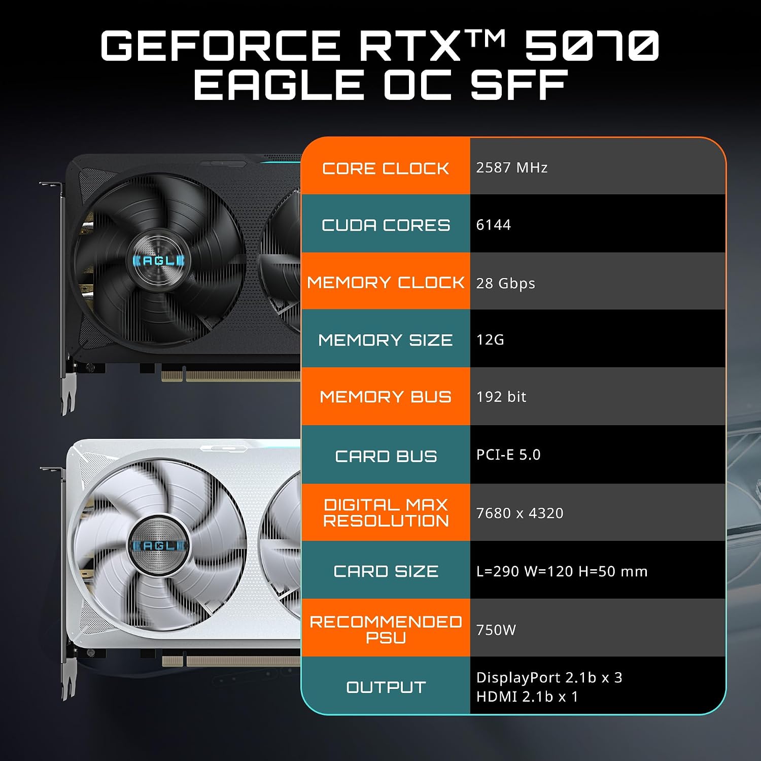 GIGABYTE GeForce RTX 5070 Eagle OC ICE SFF 12G Graphics Card, 12GB 256-bit GDDR7, PCIe 5.0, WINDFORCE Cooling System, GV-N5070EAGLEOC ICE-12GD Video Card