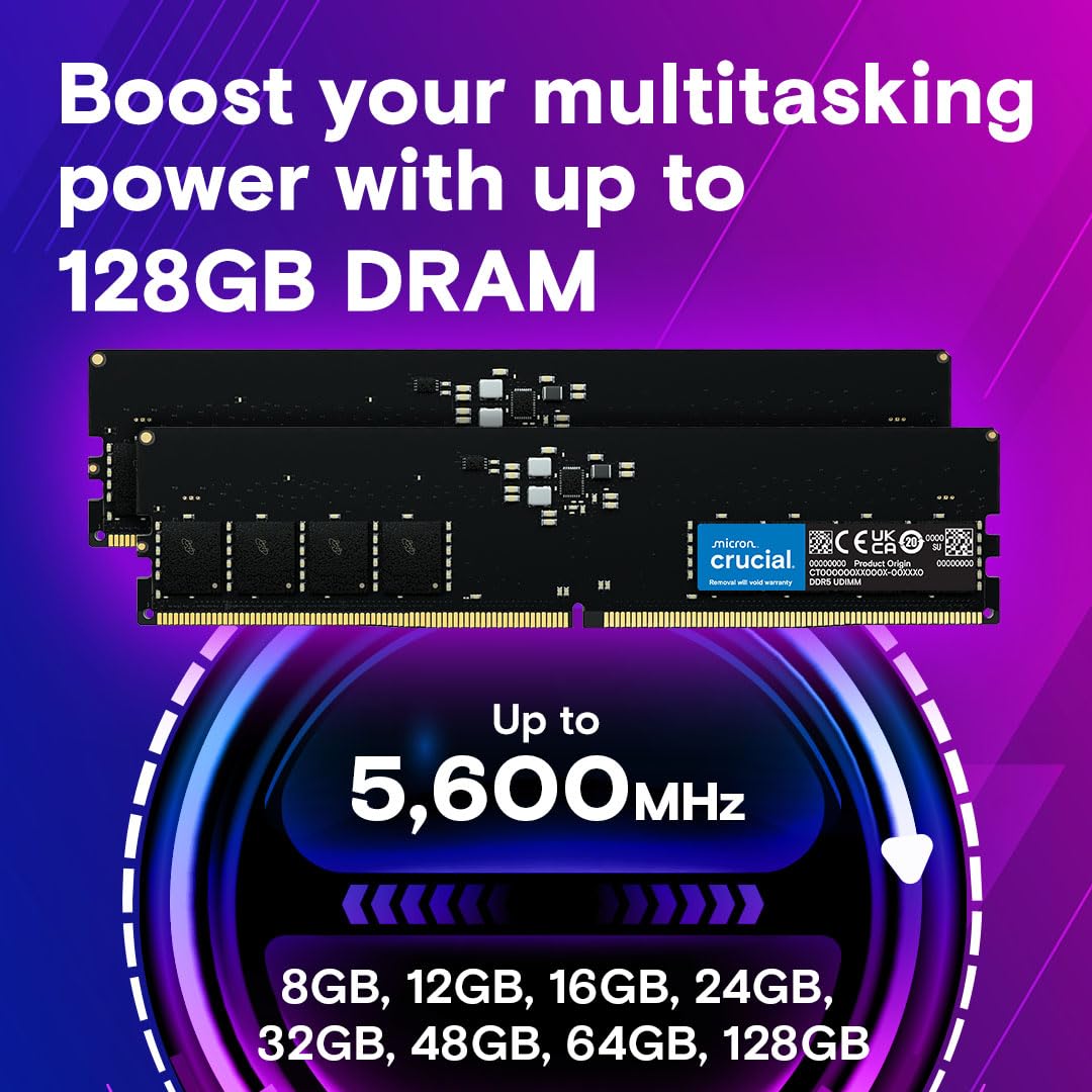 Crucial 64GB DDR5 RAM 5600MHz (or 5200MHz or 4800MHz) Desktop Memory, UDIMM 288-Pin, Compatible with Latest Intel Core Ultra and AMD Ryzen 8000 & Above – CT64G56C46U5