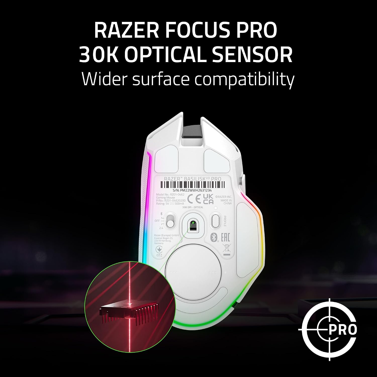 Razer Basilisk V3 Pro Customizable Wireless Gaming Mouse: Fast Optical Switches Gen-3 -HyperScroll Tilt Wheel-Chroma RGB-11 Programmable Buttons-Focus Pro 30K Optical Sensor-White-RZ01-04620200-R3A1