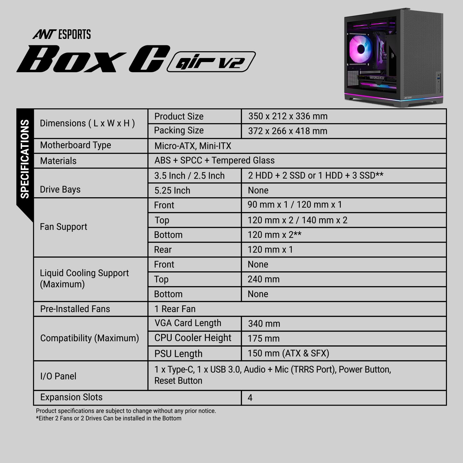 Ant Esports Box C Air V2 Mini-Tower Gaming Cabinet - Black | ARGB Front Strip | Supports Micro-ATX, Mini-ITX Motherboards | Pre-Installed 120mm Rear Fan | High Airflow Mesh Design