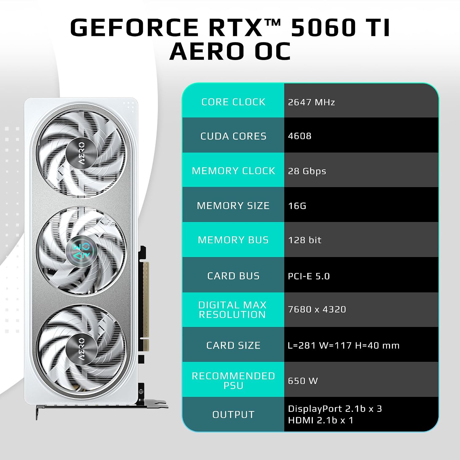 GIGABYTE GeForce RTX 5060 Ti AERO OC 16G Graphics Card, 16GB 128-bit GDDR7, PCIe 5.0, WINDFORCE Cooling System, GV-N506TAERO OC-16GD Video Card
