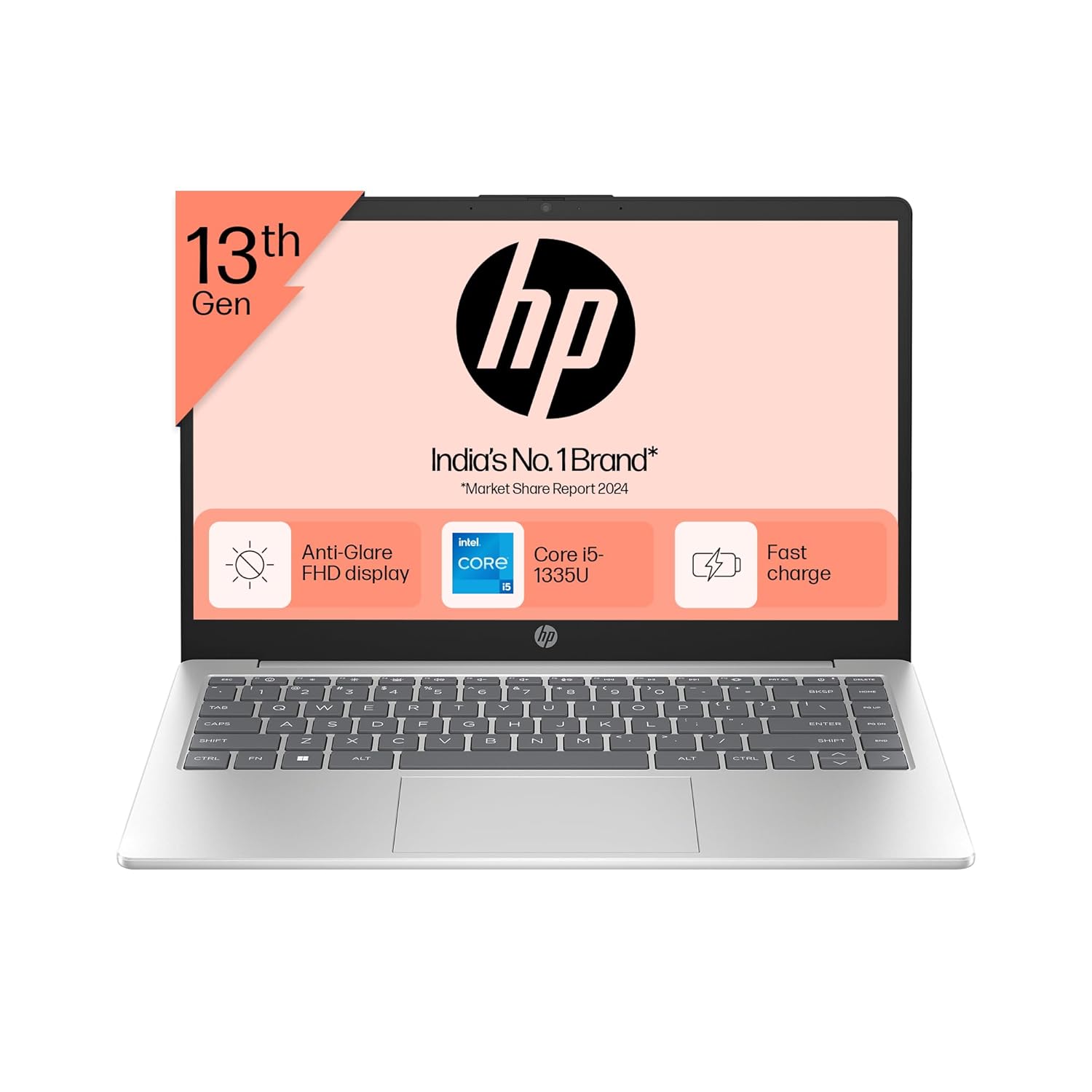 HP 14, 13th Gen Intel Core i5-1335U, 16GB DDR4, 512GB SSD, (Win 11, Office 21, Silver, 1.4kg), Anti-Glare, IPS, 14-inch(35.6cm) FHD Laptop, Intel Iris Xe Graphics, FHD Camera, Backlit KB, gr0001TU