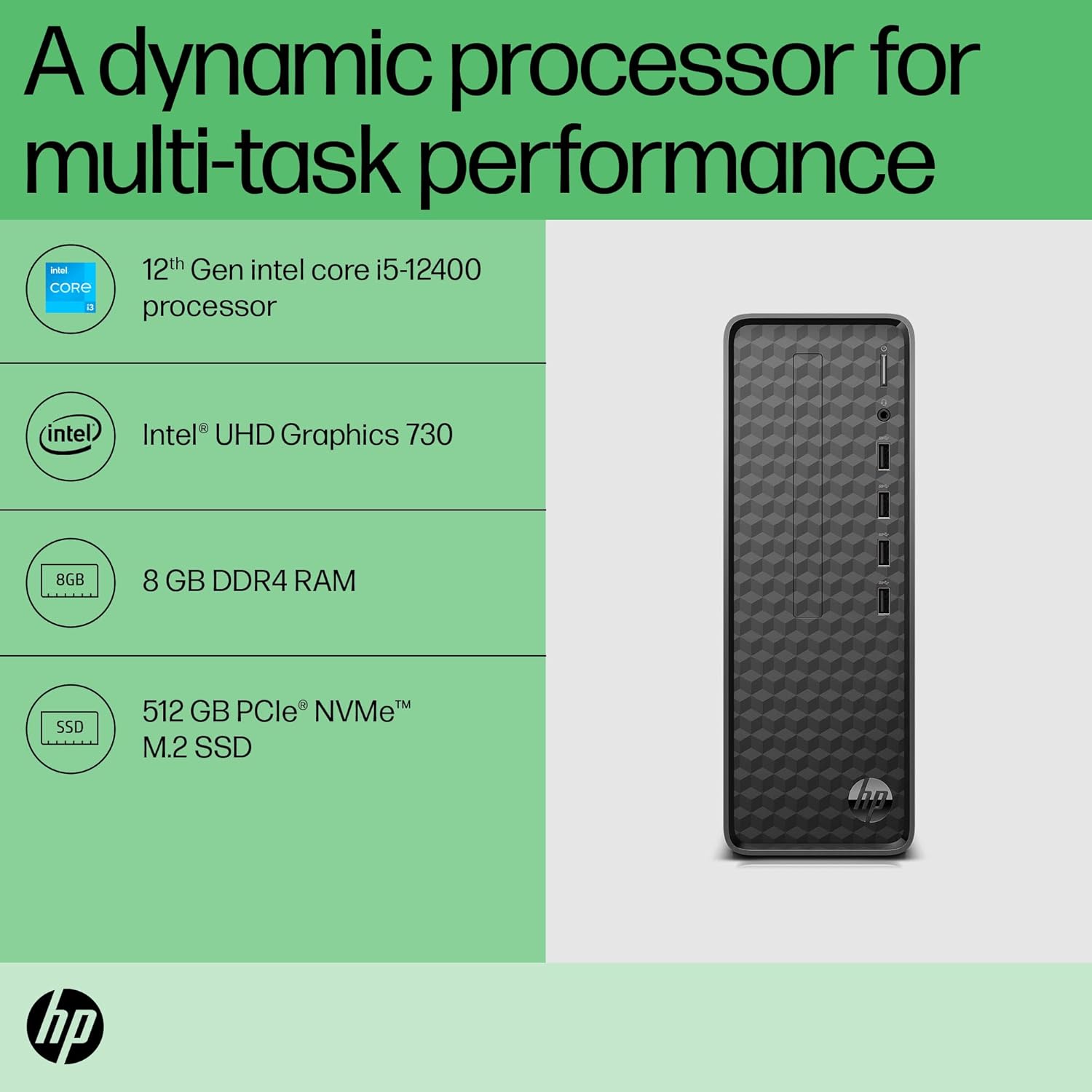 HP Slim Tower 12th Gen Intel Core i5-12400 (8GB RAM/512GB SSD/Black Wired Keyboard & Mouse/Intel UHD Graphics 730/Windows 11/MS Office 21/Dark Black,3 Years Warranty), S01-pF2123in - Zapnet.in