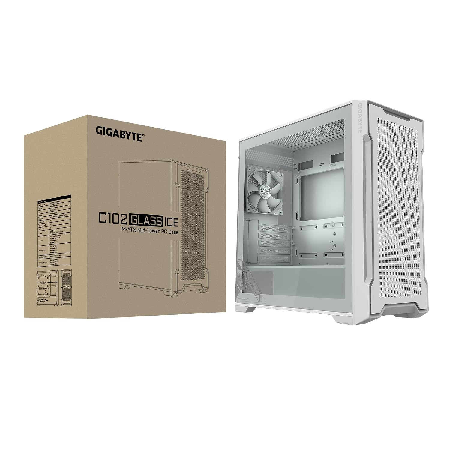 GIGABYTE C102 Glass ICE - White Mid Tower PC Gaming Case, Tempered Glass, PSU Shroud, 2X 120mm Fans (GB-C102GI)