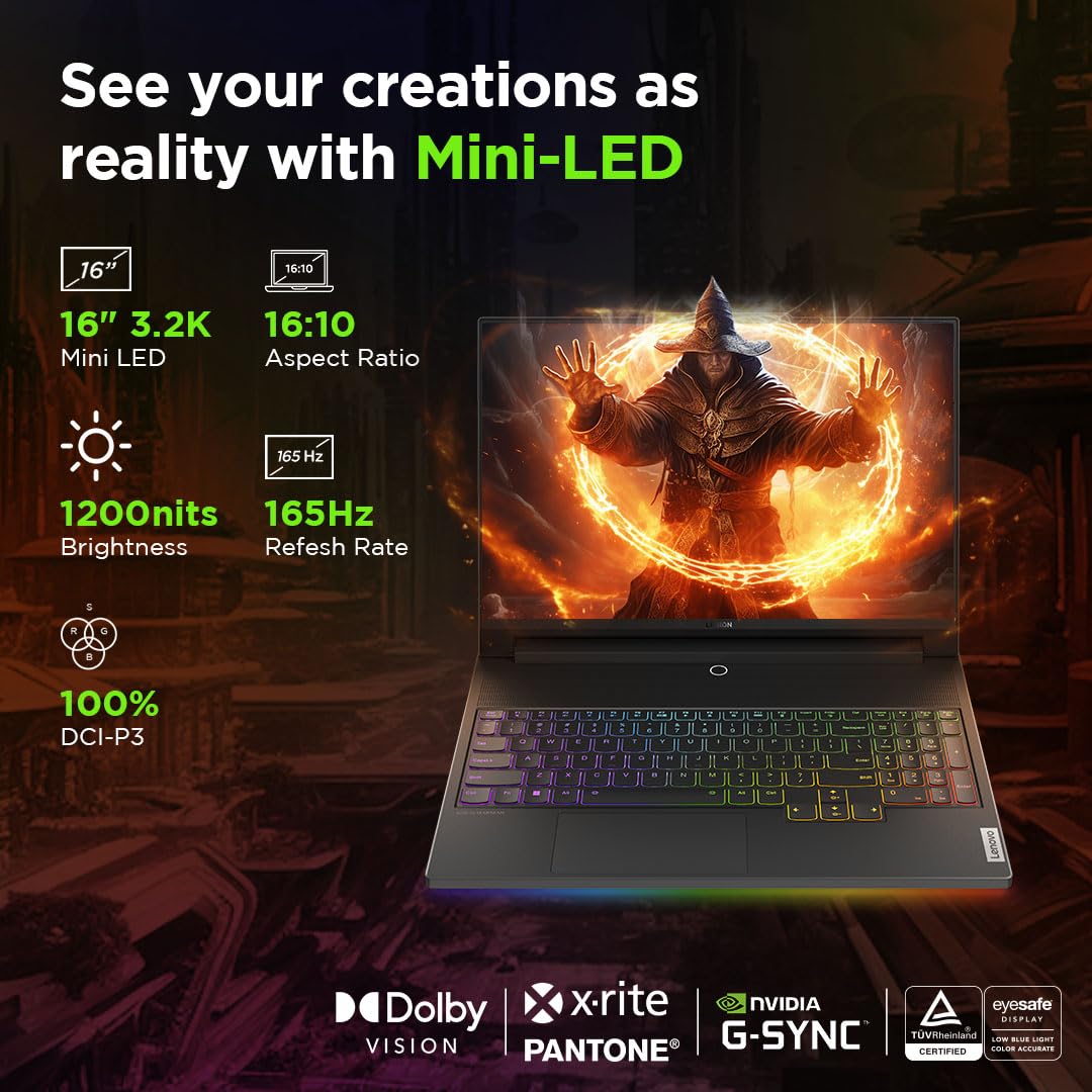 Lenovo Legion 9 2024 Intel Core i9-14900HX 16" (40.64cm) 3.2K Mini LED 1200Nits 165Hz Gaming Laptop (64GB/2TB SSD/Win 11/Office 2021/NVIDIA RTX 4090 16GB/3 Month Game Pass/Black/2.6Kg), 83G0003AIN