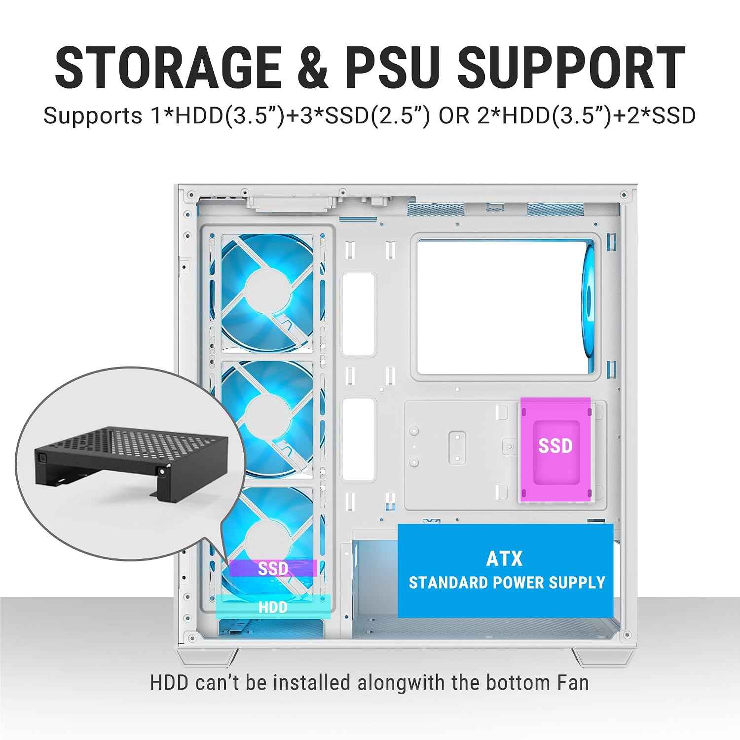 Ant Esports Crystal X7 ATX Computer Case/Gaming Cabinet with Type-C - White | Support ATX, Micro-ATX, Mini-ITX | Pre-Installed 3 M/B Plate Fans, 2 PSU Shroud Fans, 1 Bottom & 1 Rear Fan