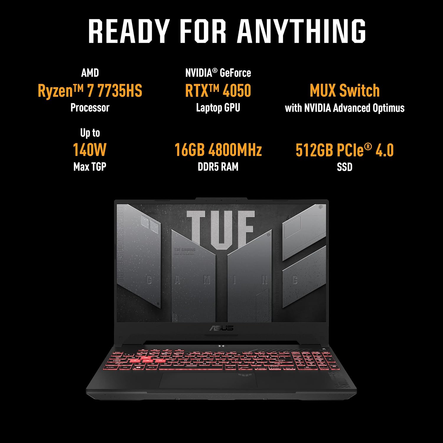 ASUS TUF Gaming A15 (2023), Gaming Laptop, 90WHr Battery, AMD Ryzen 7 7735HS AI Powered, 15.6" FHD 144Hz, 6GB RTX 4050 (16GB/512GB SSD/Windows 11//1-Zone RGB/Gray/2.20 Kg), FA577NU-LP082W