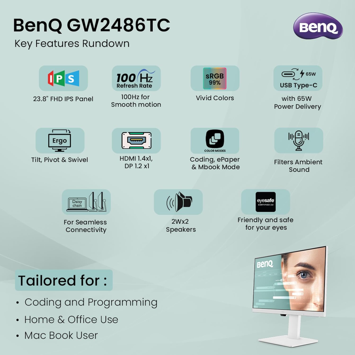 BenQ GW2486TC 24" IPS 100Hz Full HD Coding Monitor |USB-C(65W PD)| Daisy Chain| 99% sRGB| Coding Mode| Height Adjust|HDMI| DP| USB Hub| 2Wx2 Speakers| Eye Care| Noise Cancelling Microphone (White)