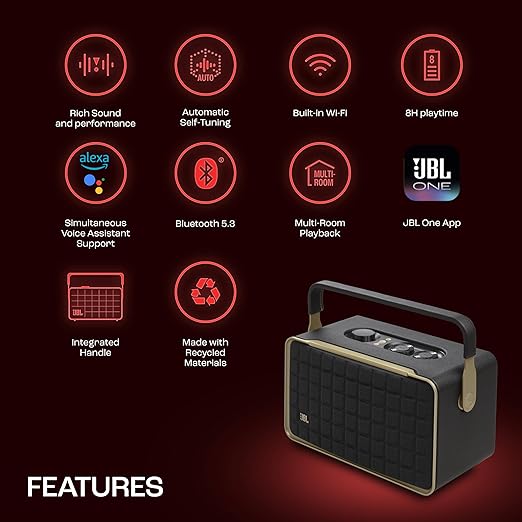 JBL Authentics 300, Portable Smart Home Wifi Speaker & Music Streaming,Upto 8Hrs Playtime, Voice Assist & Bluetooth Connectivity,Automatic Calibration,Compatible with Google Home & Alexa, Retro Design - Zapnet.in