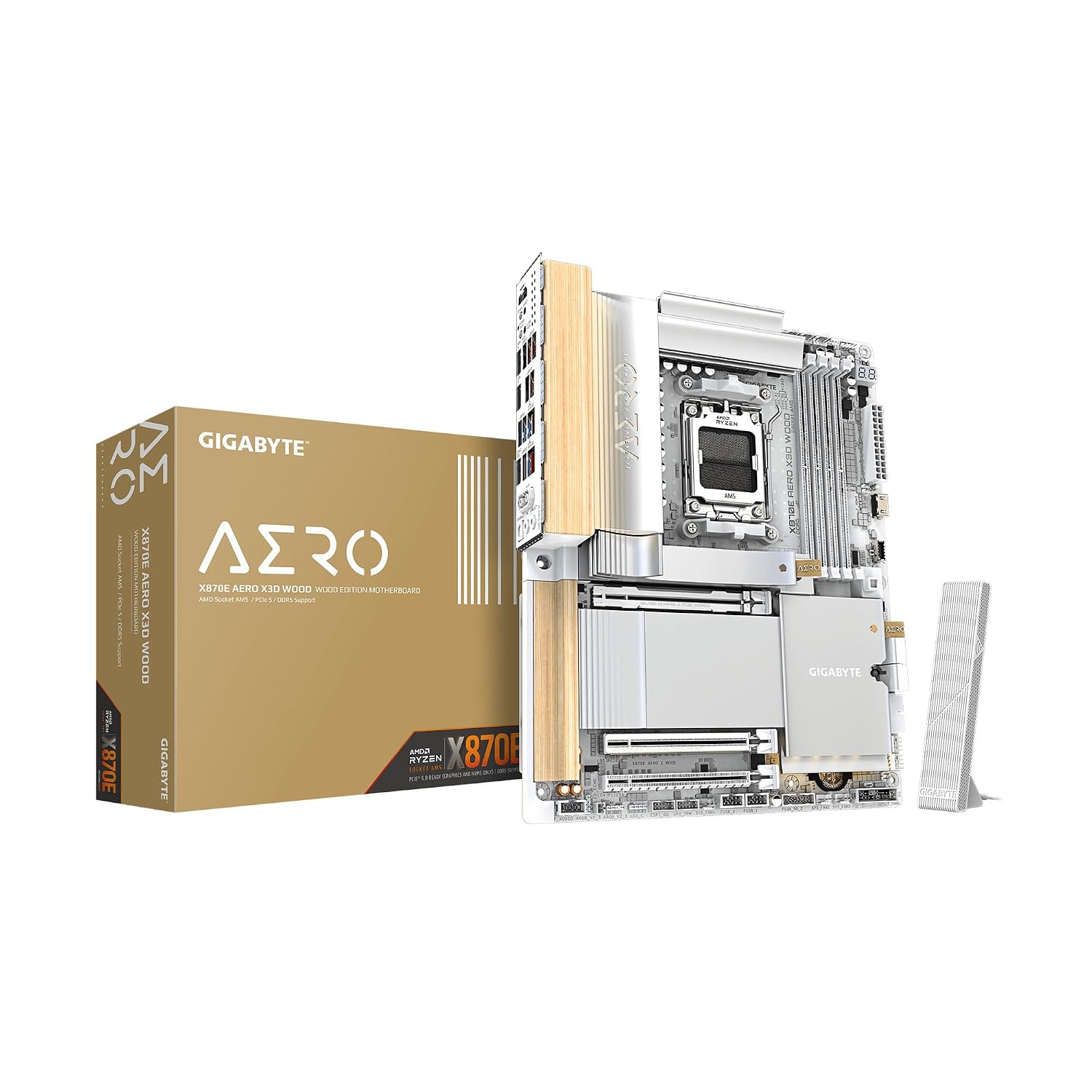 GIGABYTE X870E AERO X3D Wood AMD AM5, ATX, Supports AMD Ryzen 9000/8000/7000 Series Processors, DDR5, 16+2+2 Total Power Phase, 4X M.2, PCIe 5.0, USB4 Type-C, WIFI7, Dual 5 GbE LAN