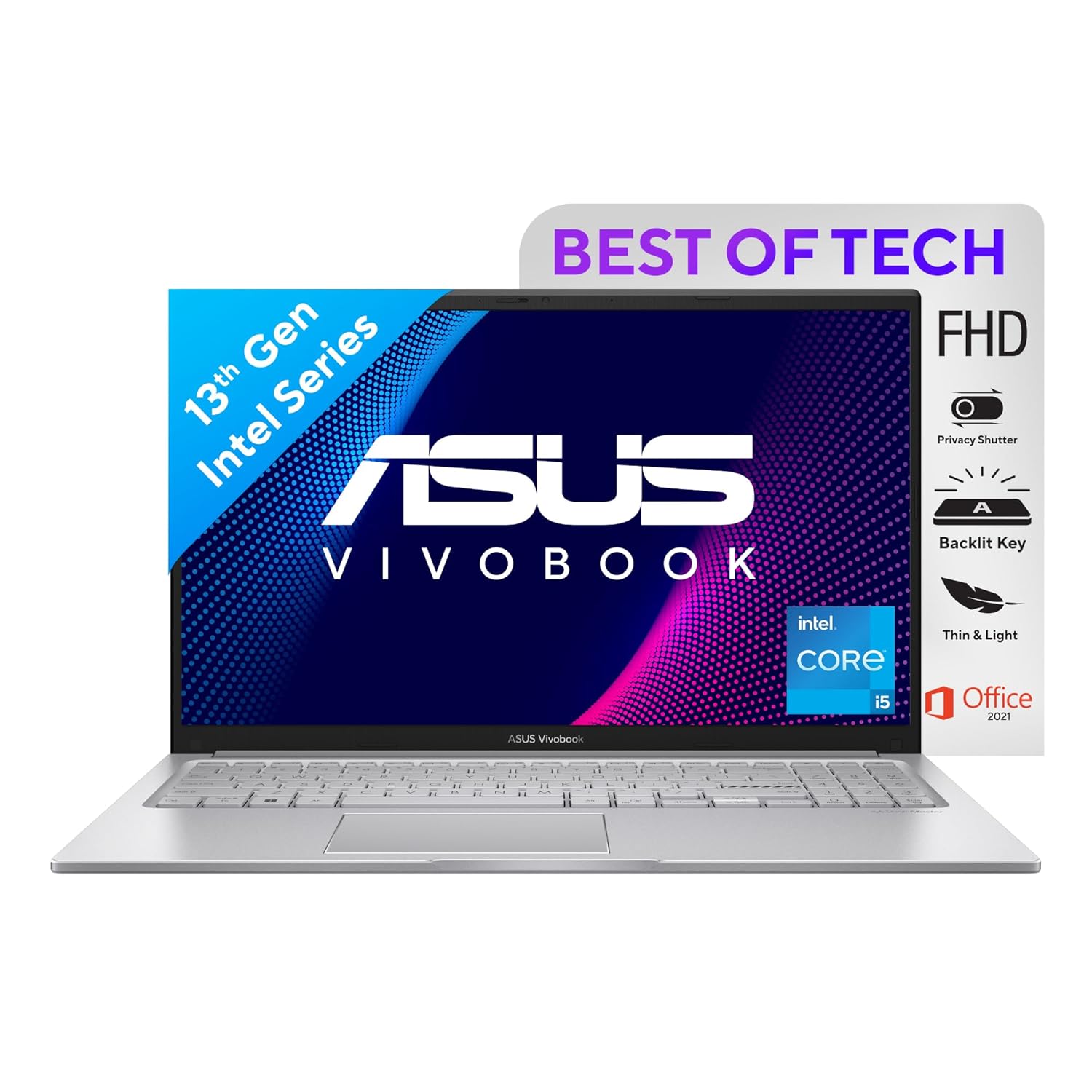 ASUS Vivobook 15 (2023), Intel Core i5-1335U 13th Gen, 15.6" (39.62 cms) FHD, Thin and Light Laptop (8GB/512GB SSD/Intel Iris Xᵉ/Win 11/Office 2021/Backlit KB/Silver/1.7 kg), X1504VA-NJ522WS