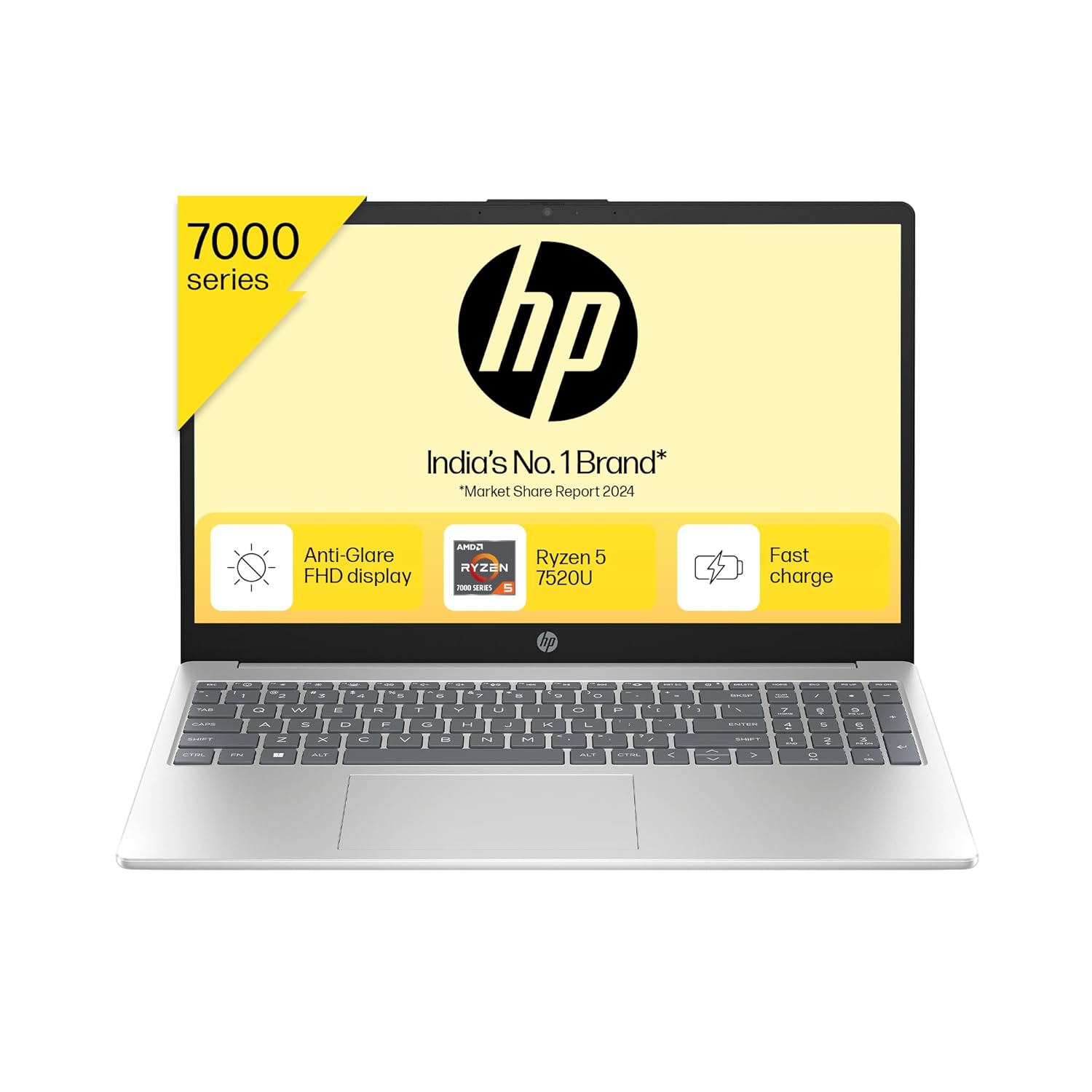 HP 15, AMD Ryzen 5 7520U, 16GB DDR5, 512GB SSD, (Win 11, Office 21, Silver, 1.59kg), Anti-Glare, Micro-Edge, 15.6-inch(39.6cm), FHD Laptop, AMD Radeon Graphics, 1080p FHD Camera, Backlit KB, fc0156AU