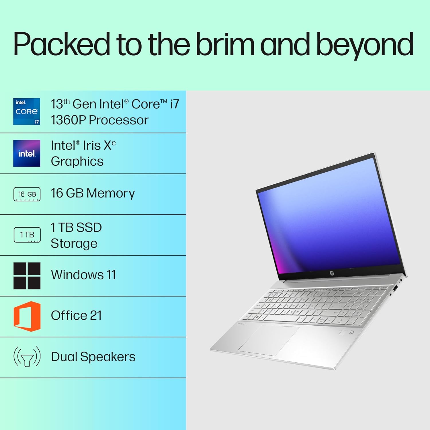 HP Pavilion, 13th Gen Intel Core i7-1360P, 16GB DDR4, 1TB SSD, (Win11, Office21, Silver, 1.75kg) IPS, Anti-glare, 15.6-inch (39.6cm) FHD Laptop, Intel Iris Xe graphics, HD camera, Backlit KB, eg3036TU
