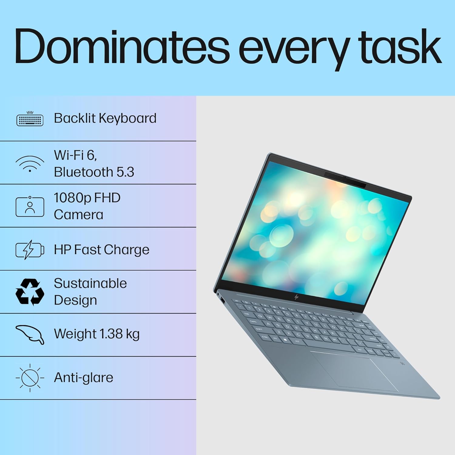 HP Pavilion Plus, 13th Gen Intel Core i5-1335U, 16GB LPDDR5x, 512GB SSD, (Win 11, Office 21, Blue, 1.38kg), Anti-Glare, 14-inch (35.6cm), WUXGA Laptop, Intel Iris Xe Graphics, 5MP IR Camera, ew0115TU