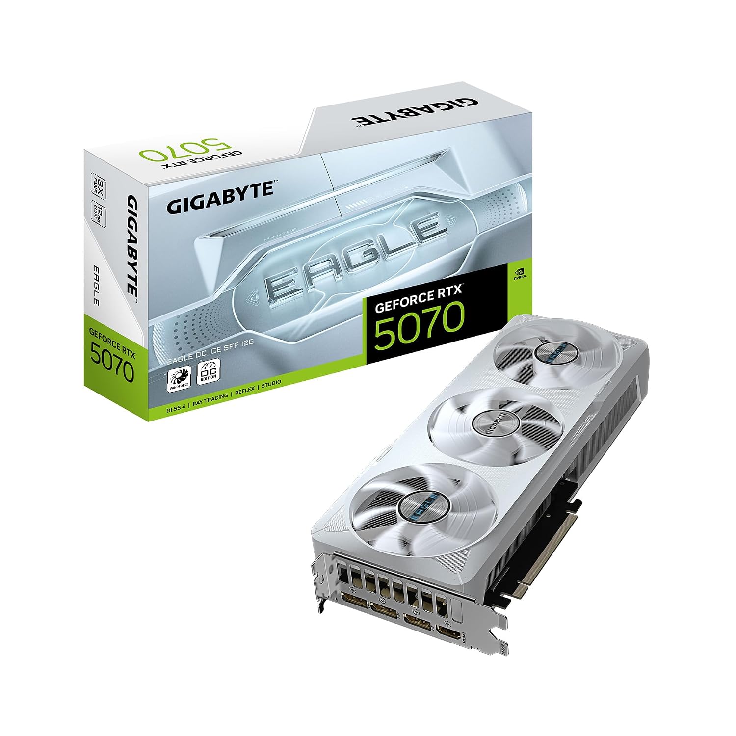GIGABYTE GeForce RTX 5070 Eagle OC ICE SFF 12G Graphics Card, 12GB 256-bit GDDR7, PCIe 5.0, WINDFORCE Cooling System, GV-N5070EAGLEOC ICE-12GD Video Card