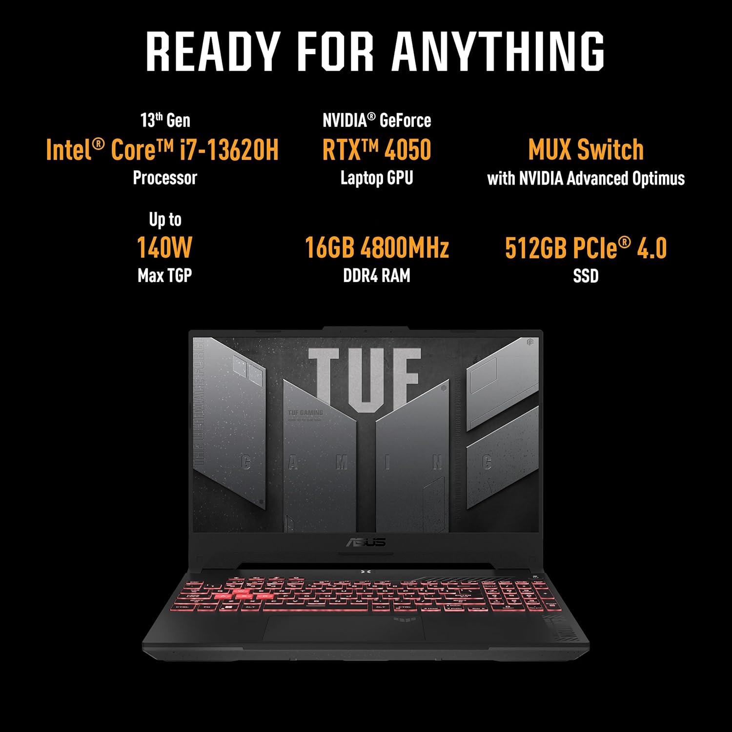 ASUS TUF Gaming F15 13th Gen, Intel Core i7-13620H Gaming Laptop(NVIDIA RTX 4050-6GB/140W RGP/16GB RAM/512GB SSD/FHD/15.6"/144Hz/RGB KB/90WHr/Windows 11/Office 2021/Mecha Gray/2.20 Kg) FX507VU-LP210WS