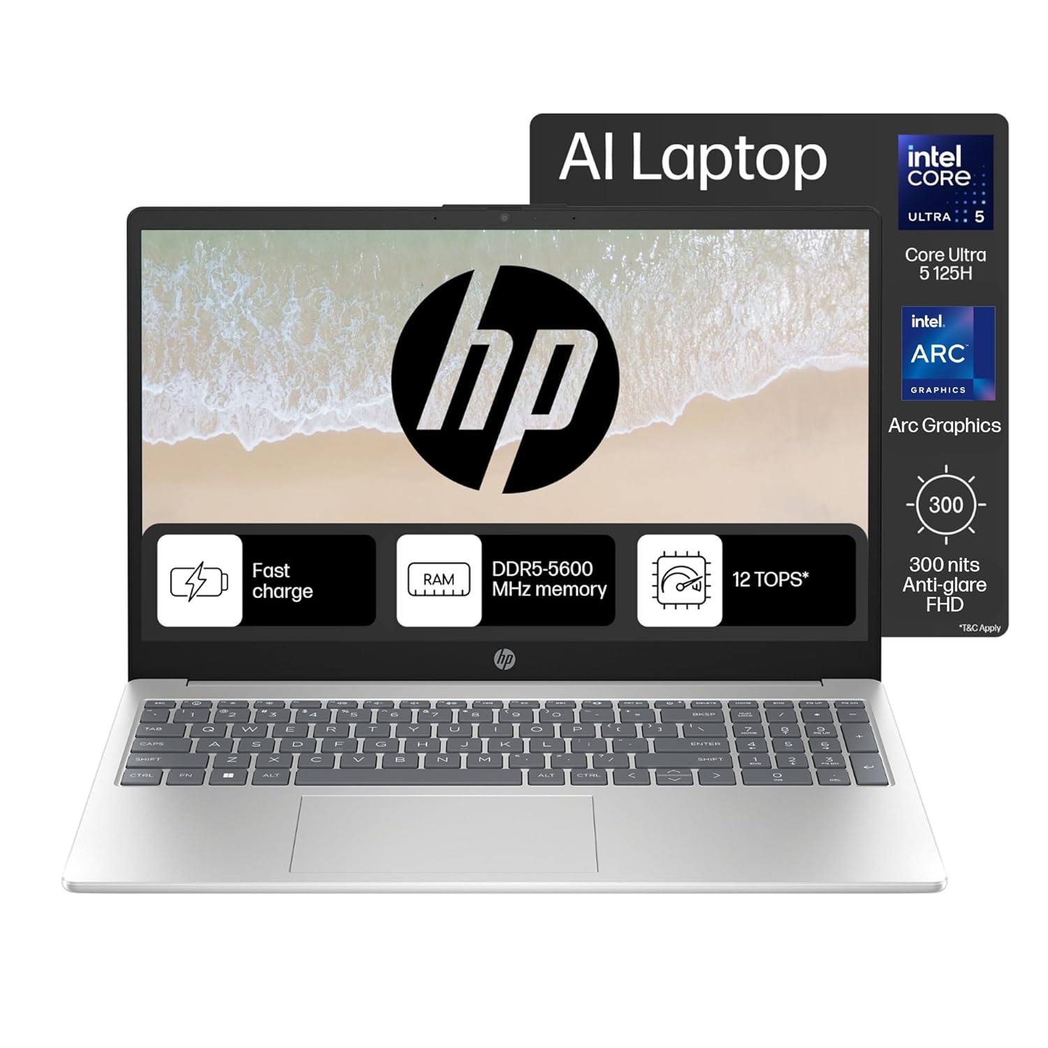 HP 14 AI Laptop, Intel Core Ultra 5 125H,12 Tops,16GB DDR5, 512GB SSD, (Win 11, Silver, 1.4 kg) Anti-Glare,14-inch (35.6 cm), FHD, Intel Arc Graphics, FHD Camera, Backlit KB, gr1022TU