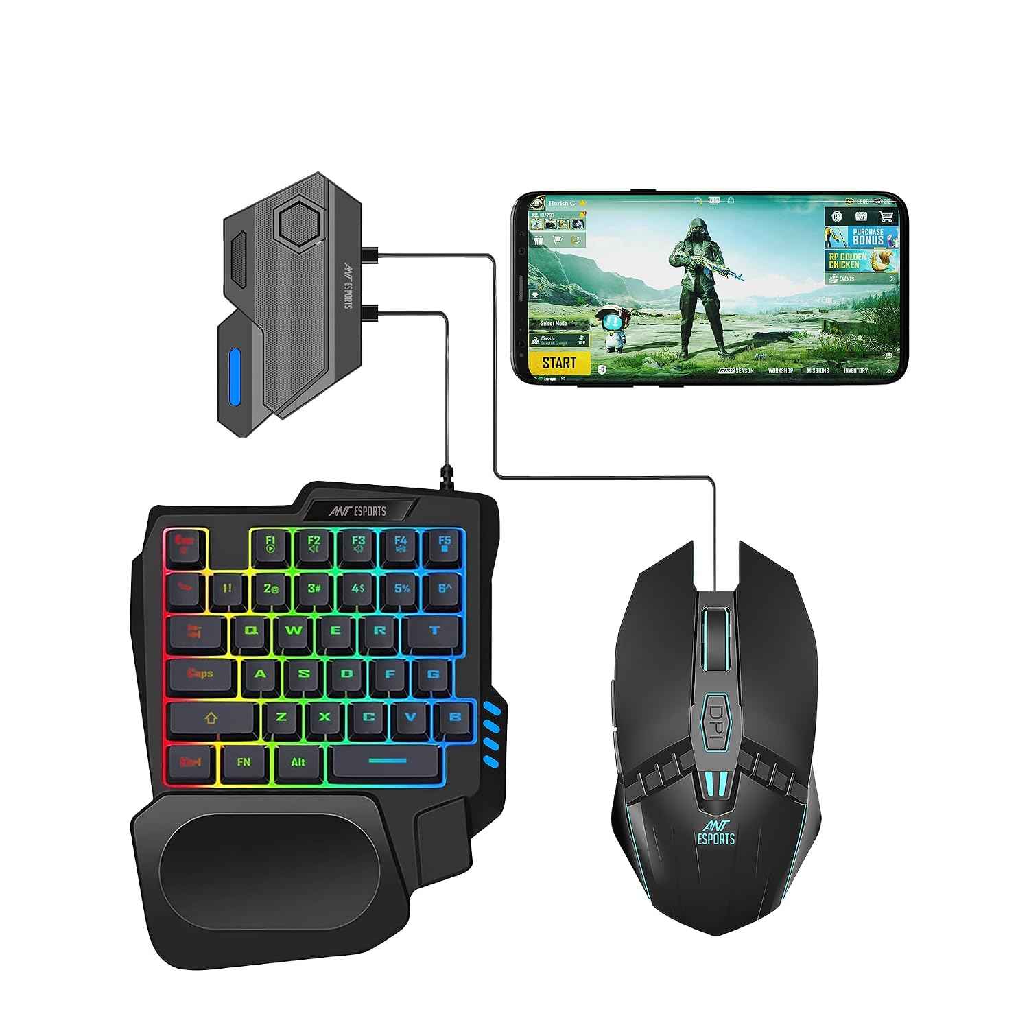 Ant Esports MG401 4-in-1 RGB Keyboard & Mouse Combo with One-Hand Keypad, 3600 DPI Optical Mouse, Bluetooth Receiver & Phone Stand for Android, BGMI, Free Fire & Call of Duty