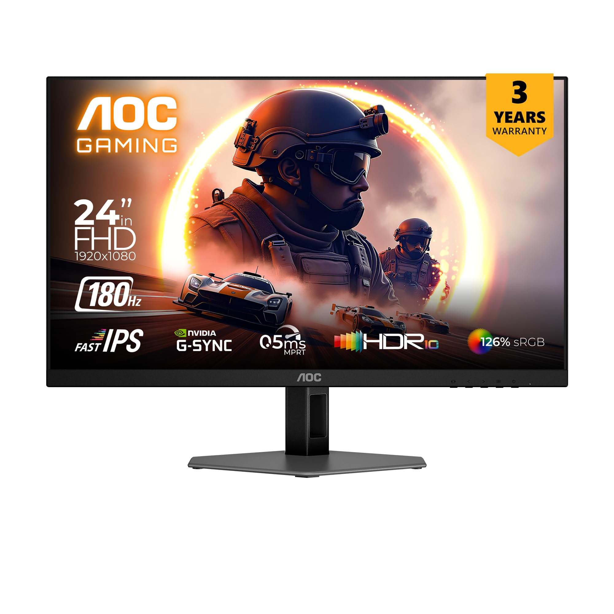 AOC 24G42E Gaming Monitor 24 inch FHD Fast IPS Gaming Monitor, 180Hz Refresh Rate, 0.5ms Response Time, Adaptive Sync, HDR10, Flicker-Free Technology, HDMI 2.0 & DisplayPort 1.4 Connectivity (Black)