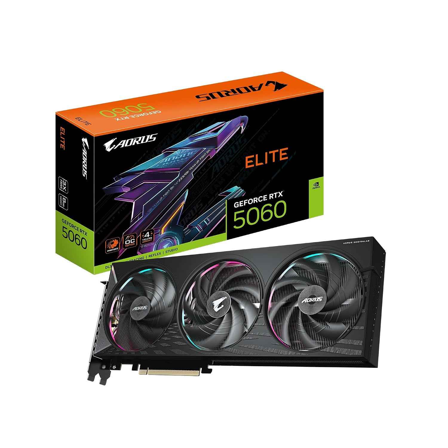 GIGABYTE AORUS GeForce RTX 5060 Elite 8G Graphics Card, 8GB 128-bit GDDR7, PCIe 5.0, WINDFORCE Cooling System, GV-N5060AORUS E-8GD Video Card