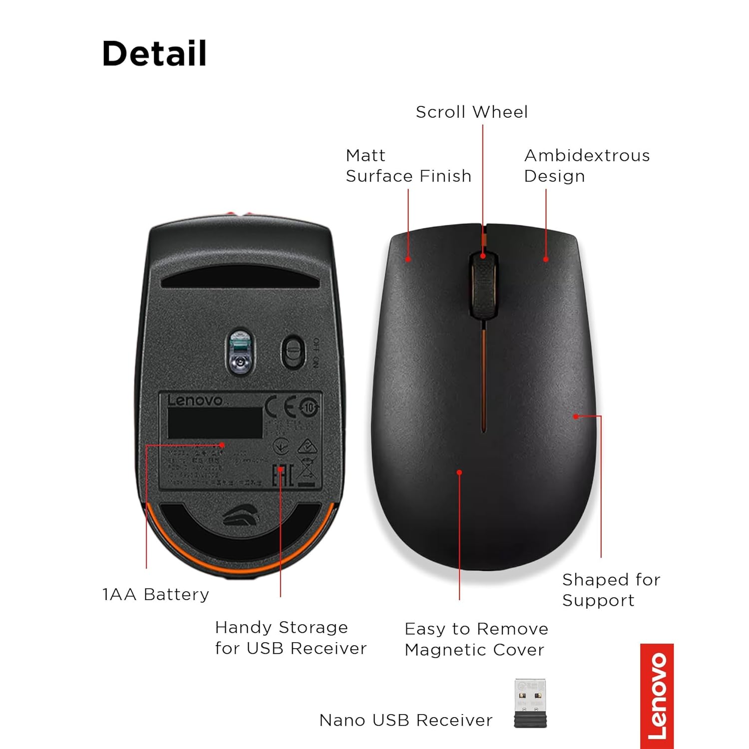 Lenovo 300 Wireless Compact Mouse, 1000 DPI Optical sensor, 2.4GHz Wireless Nano USB, 10m range, 3-button(left,right,scroll) upto 3M left/right clicks & 1yr battery, Ambidextrous, Ergonomic GX30K79401