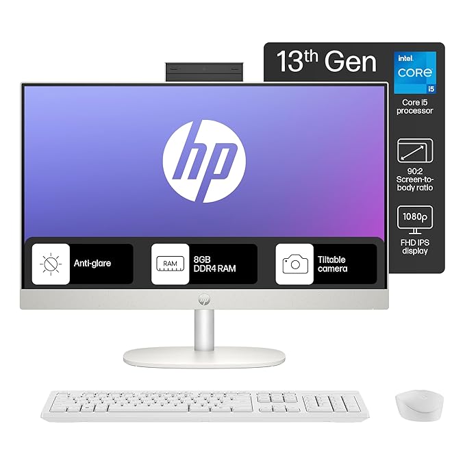 HP All-in-One 24, 13th Gen Intel Core i5-1335U,23.8inch(60.5 cm),FHD,Anti-Glare,8 GB DDR4,512GB M.2 SSD, 510SP White Wireess Keyboard and Mouse Combo,Windows 11,Shell White,5.27kg,24-cr0051in - Zapnet.in