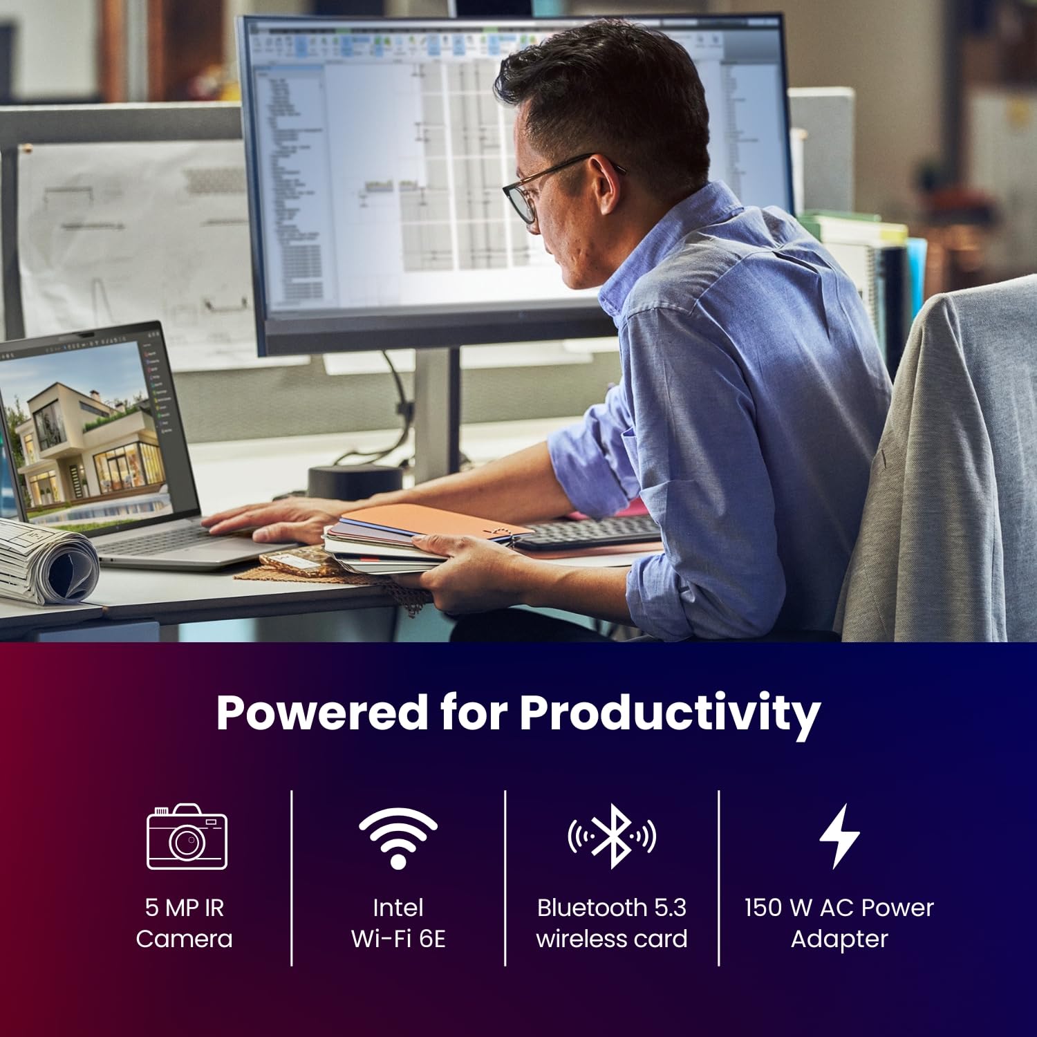 HP Laptop Ultra 7-155H, 16GB RAM, 1TB SSD, RTX 1000 Ada 6GB, Win 11 Pro, 16" WUXGA, 5MP+IR Cam, Fingerprint Sensor, Backlit Keyboard, Wi-Fi 6E, BT 5.3, 3-Year Warranty (A8WN1PT)