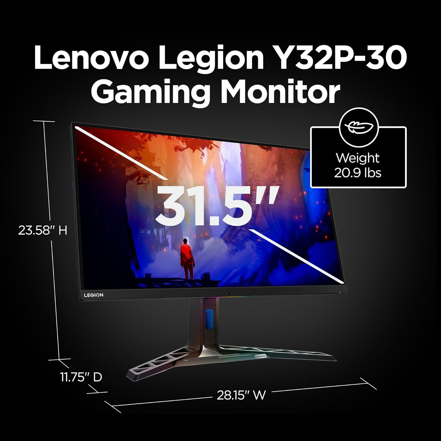 Lenovo Legion Y32p-30 Monitor - Gaming Monitor - 31.5" UHD IPS Display - 144Hz - DisplayHDR™ 400 - AMD FreeSync™ Premium - 0.2ms MPRT - Raven Black - NearEdgeless Design