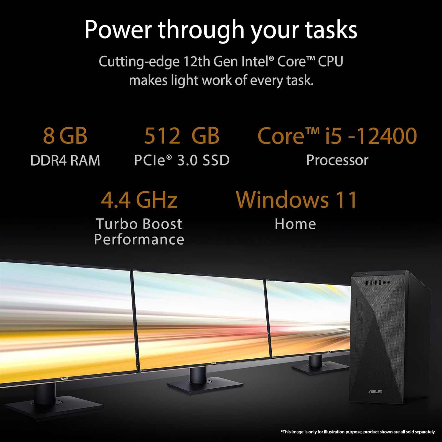 ASUS S501MD, 6 core, Intel Core i5-12400, Tower PC (8GB/512GB SSD/Integrated Graphics/Windows 11/with Keyboard & Mouse/Black/5.9kg), S501MD-512400016W