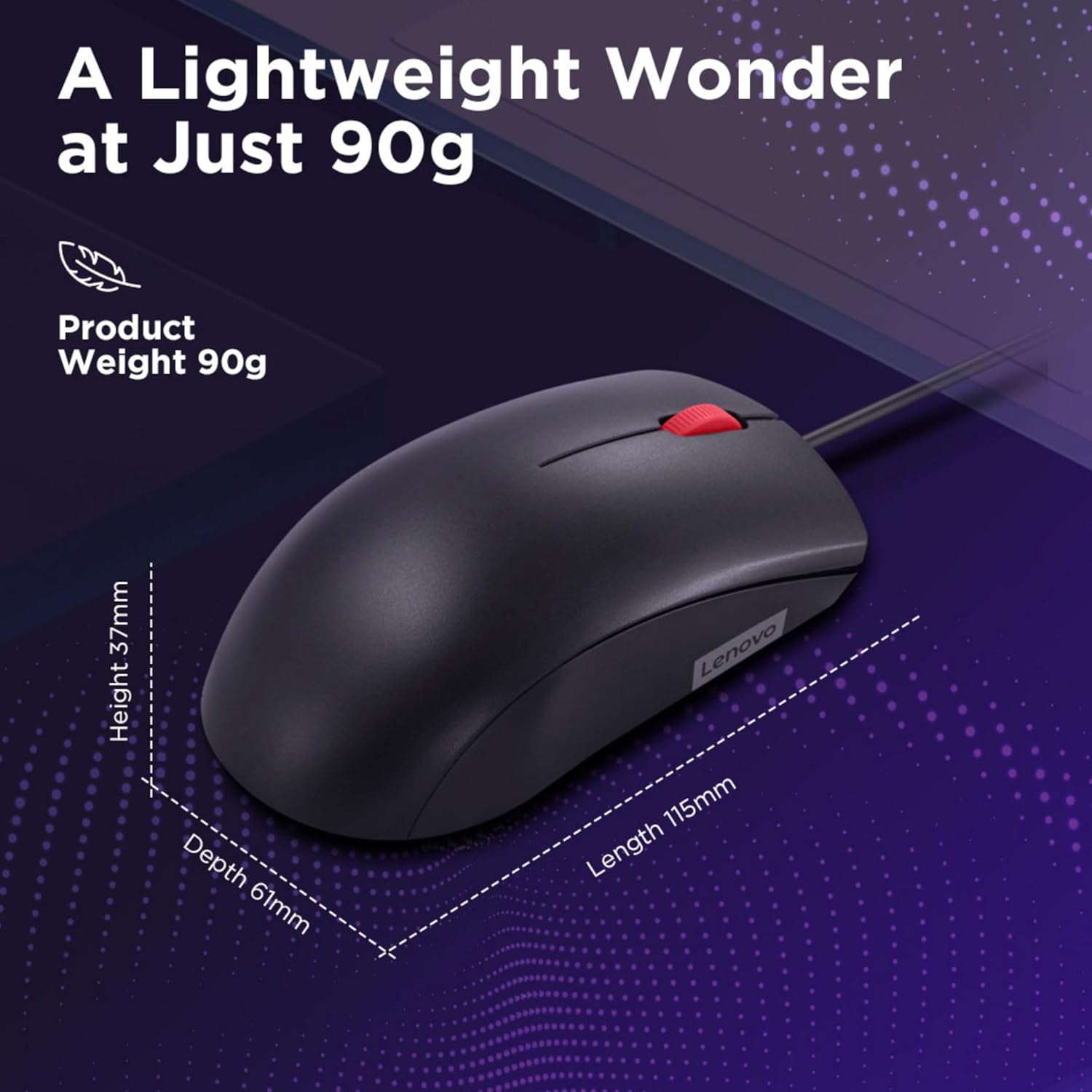 Lenovo 120 Wired Plug & Play USB Mouse, High Resolution 1600 DPI Optical Sensor, 3-Button Design with clickable Scroll Wheel, Ambidextrous, Ergonomic Mouse for Comfortable All-Day Grip (GY51L52636)