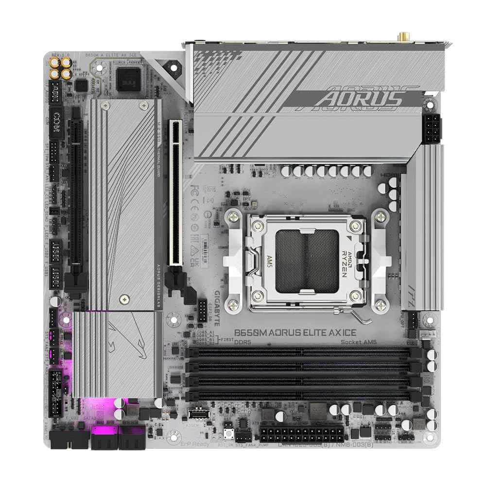GIGABYTE B650M Aorus Elite AX ICE Micro-ATX Motherboard – AM5 Socket, Ryzen 7000/8000/9000 Support, DDR5, PCIe 5.0 M.2, Wi-Fi 6E, 2.5GbE LAN, USB-C, Smart Fan 6, Q-Flash Plus