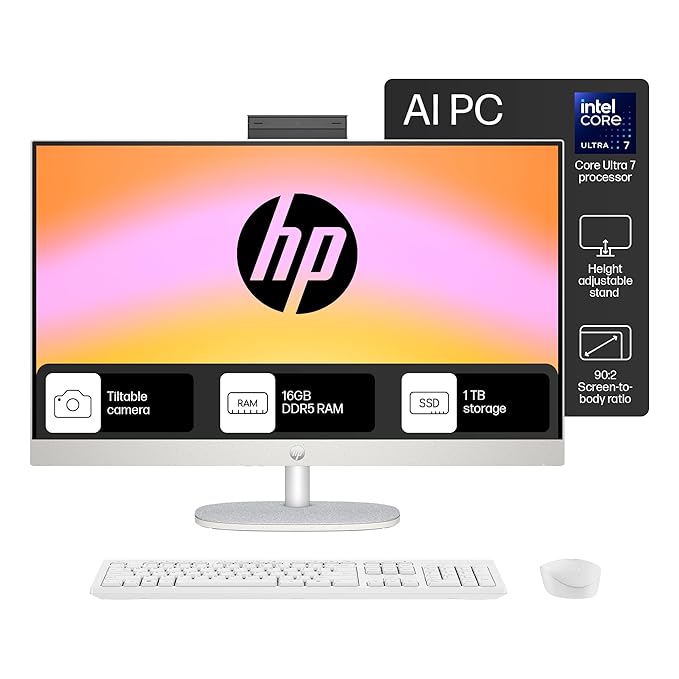 HP All-in-One 27, Intel Core Ultra 7 155U, 27inch (68.6 cm), FHD,IPS,Three-Sided Micro-Edge, Anti-Glare,300 nits,16 GB DDR5,1TB SSD,Windows 11,MSO21,Shell White,6.72kg,27-cr1007in - Zapnet.in