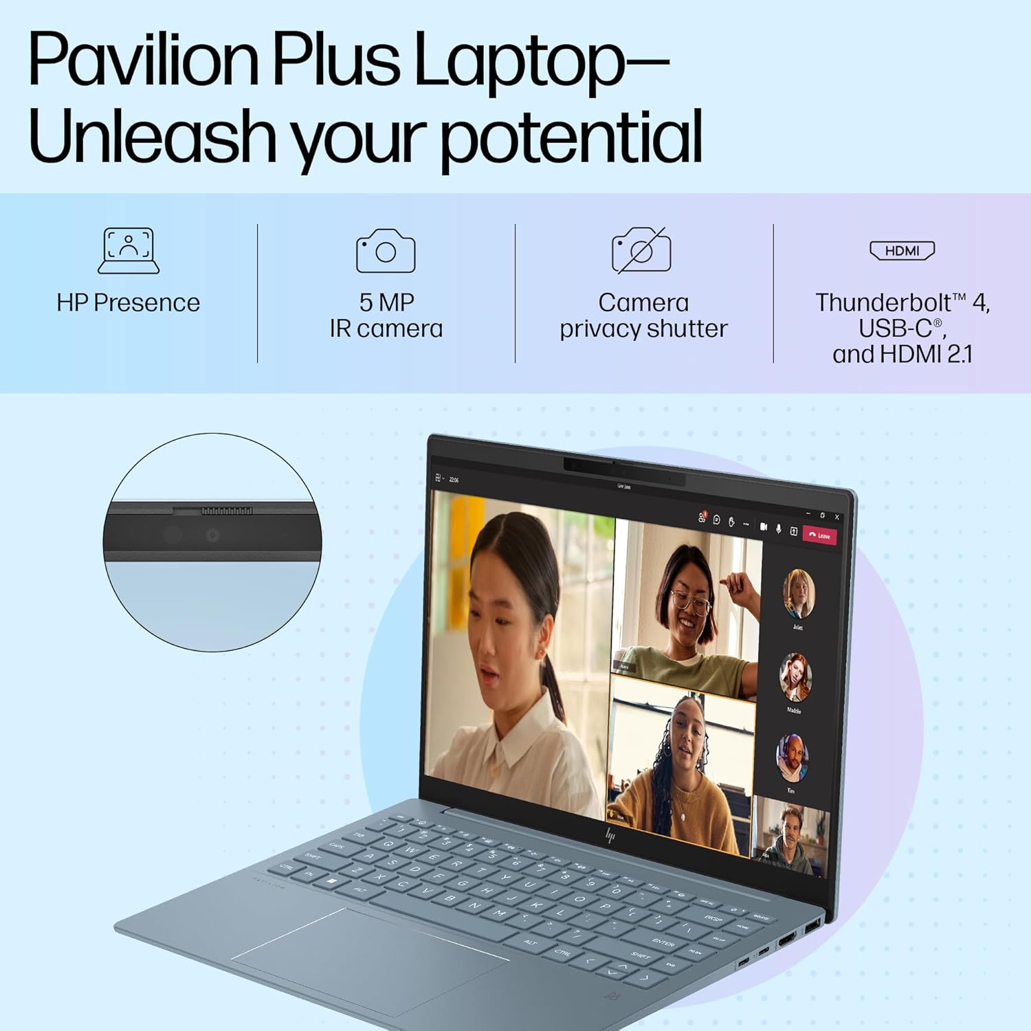 HP Pavilion Plus, 13th Gen Intel Core i5-1335U, 16GB LPDDR5x, 512GB SSD, (Win 11, Office 21, Blue, 1.38kg), Anti-Glare, 14-inch (35.6cm), WUXGA Laptop, Intel Iris Xe Graphics, 5MP IR Camera, ew0115TU