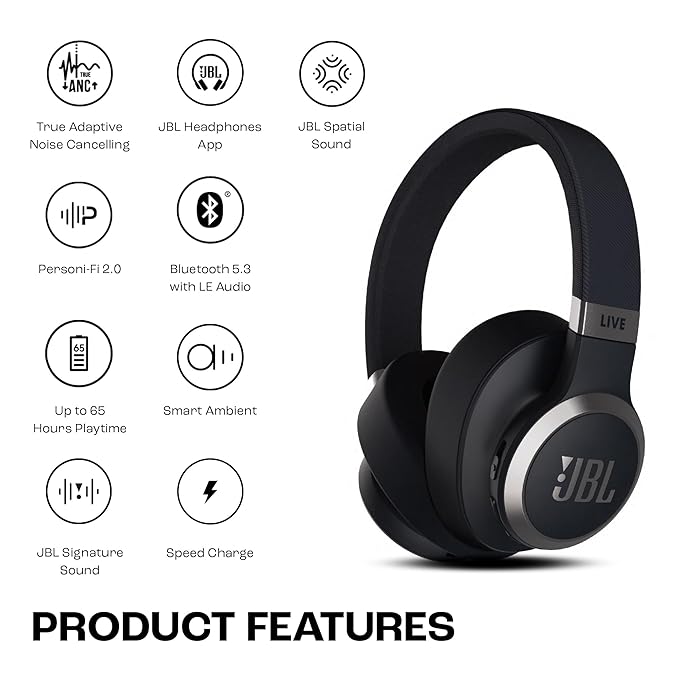 JBL Live 770NC True Adaptive Noise Cancellation Headphones Wireless Over Ear, Spatial Sound, 65Hrs Playtime, Speed Charge, Multipoint Connect and Personi-Fi 2.0, BT 5.3, Google Fast Pair, Alexa, Black - Zapnet.in