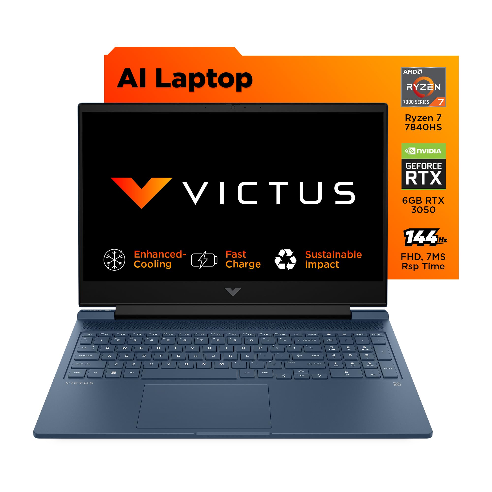 HP Victus AI Powered Gaming Laptop (Ryzen 7 7840Hs-16 GB DDR5 RAM / 512GB SSD / Win11 Home+MSO'2021/6 GB NVIDIA GeForce RTX 3050 Graphics/RGB Backlit KB/FHD Camera/Performance Blue/2.29KG) S0095AX
