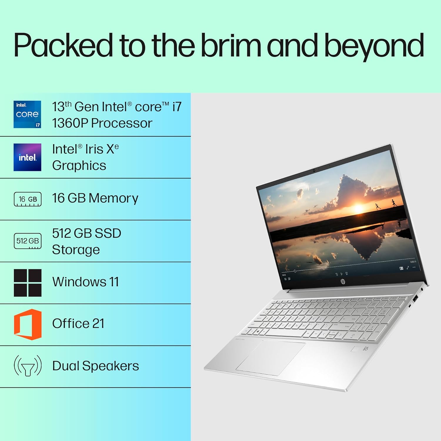 HP Pavilion 15, 13th Gen Intel Core i7-1360P, 16GB DDR4, 512GB SSD, (Win 11, Office 21, Silver, 1.75kg),IPS, Anti-glare, 15.6-inch (39.6cm) FHD Laptop, Intel Iris Xe graphics, HD camera, B&O, eg3032TU