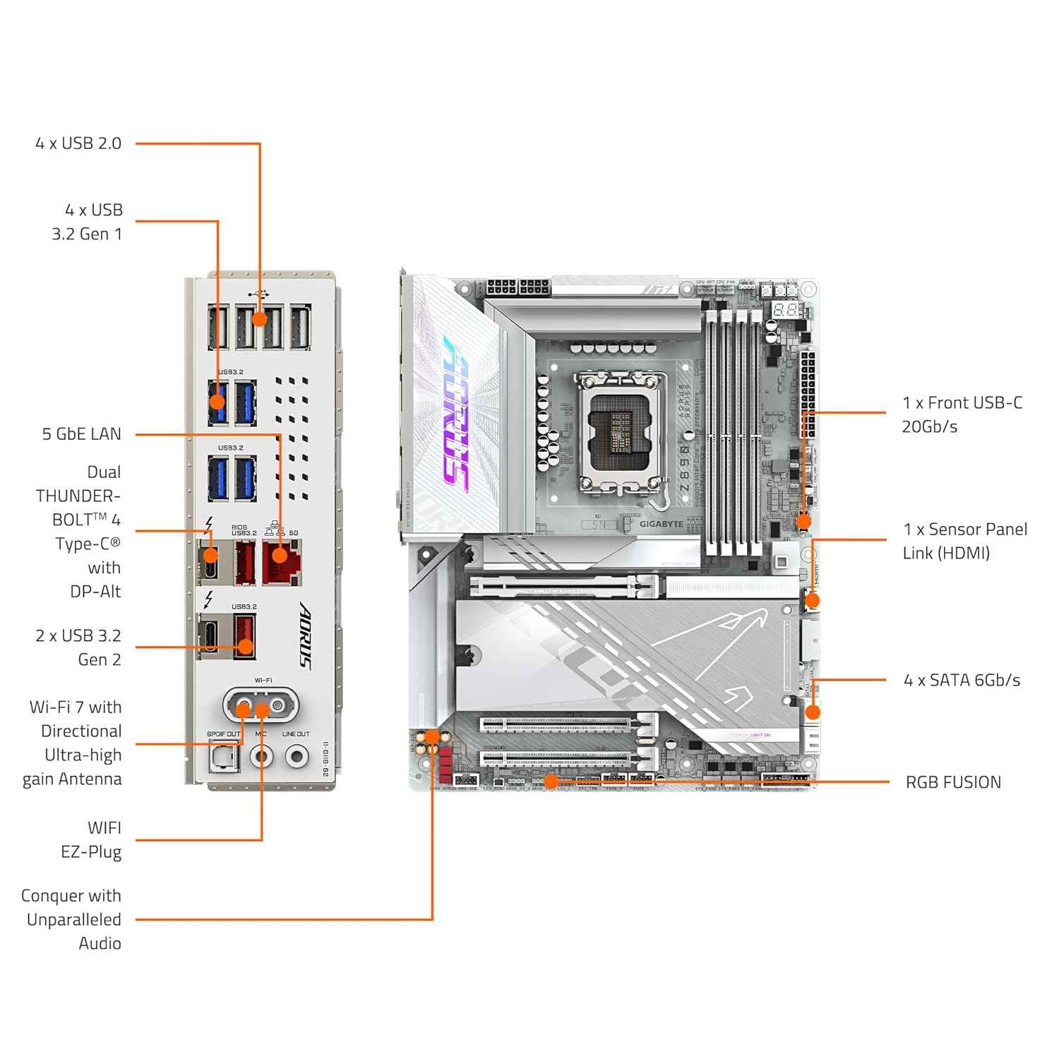 GIGABYTE Z890 AORUS PRO ICE Intel Core Ultra (Series 2) LGA 1851 Motherboard, ATX, DDR5, 5X M.2, PCIe 5.0, Thunderbolt 4, WIFI7, 5GbE LAN, EZ-Latch