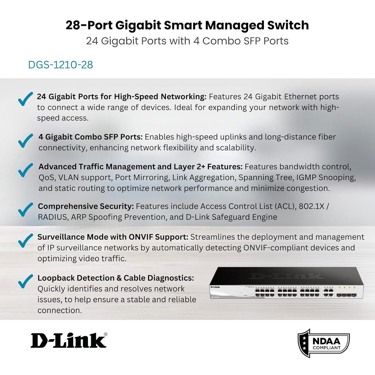 D-Link Systems 28-Port Gigabit Web Smart Switch including 4 Gigabit SFP Ports (DGS-1210-28)
