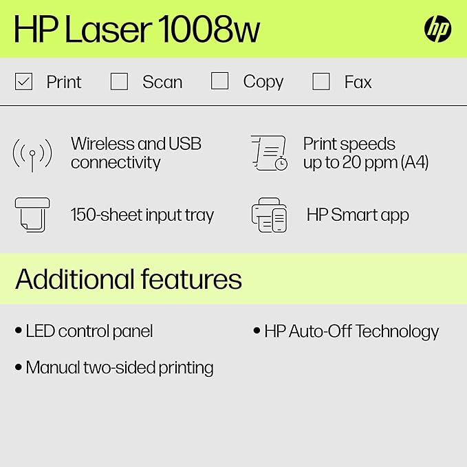 HP Laser 1008W Monochrome Laser Printers,Wireless,Single Function,Print,Hi-Speed USB 2.0Up to 21 Ppm,150-Sheet Input Tray,100-Sheet Output Tray,10,000Page Duty Cycle,1Year Warranty,Black&White,714Z9A - Zapnet.in