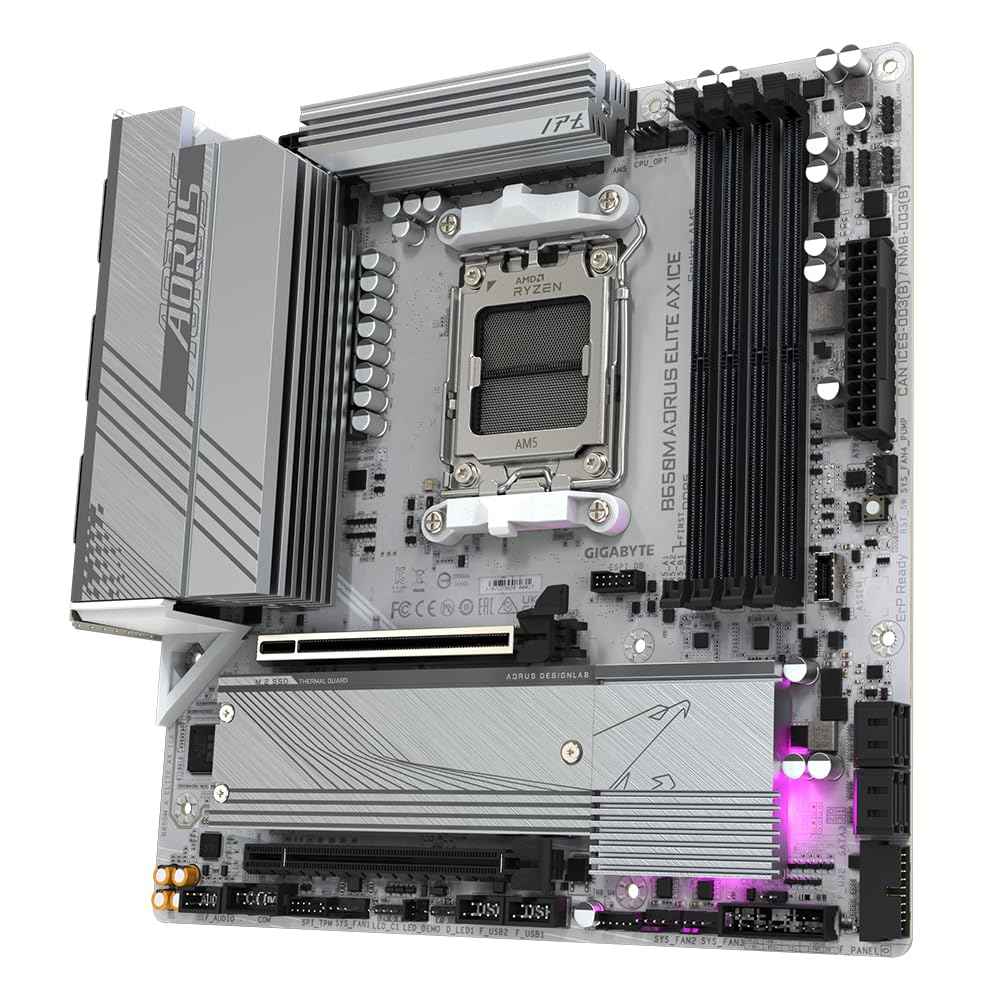 GIGABYTE B650M Aorus Elite AX ICE Micro-ATX Motherboard – AM5 Socket, Ryzen 7000/8000/9000 Support, DDR5, PCIe 5.0 M.2, Wi-Fi 6E, 2.5GbE LAN, USB-C, Smart Fan 6, Q-Flash Plus