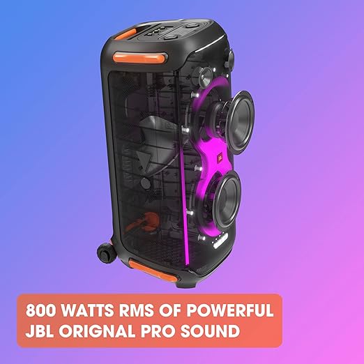 JBL PartyBox 710 Bluetooth Party Speaker with Dynamic Music Synced Flashing Club Pattern Lightshow, Pro Sound, Splashproof, PartyBox App Personalisation,Guitar and Mic Input(800 Watt RMS, Black) - Zapnet.in